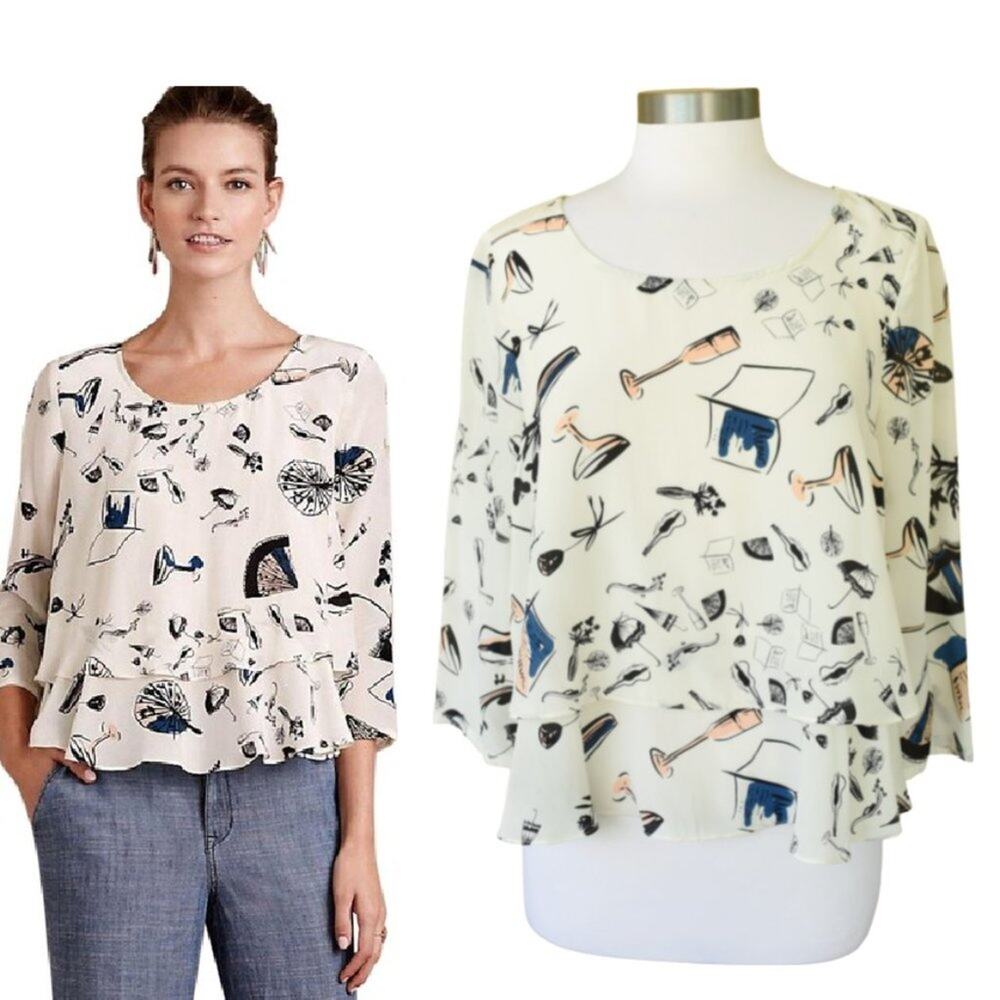 Anthropologie Cream Printed Ruffle-Hem Blouse with Navy & Blush Accents